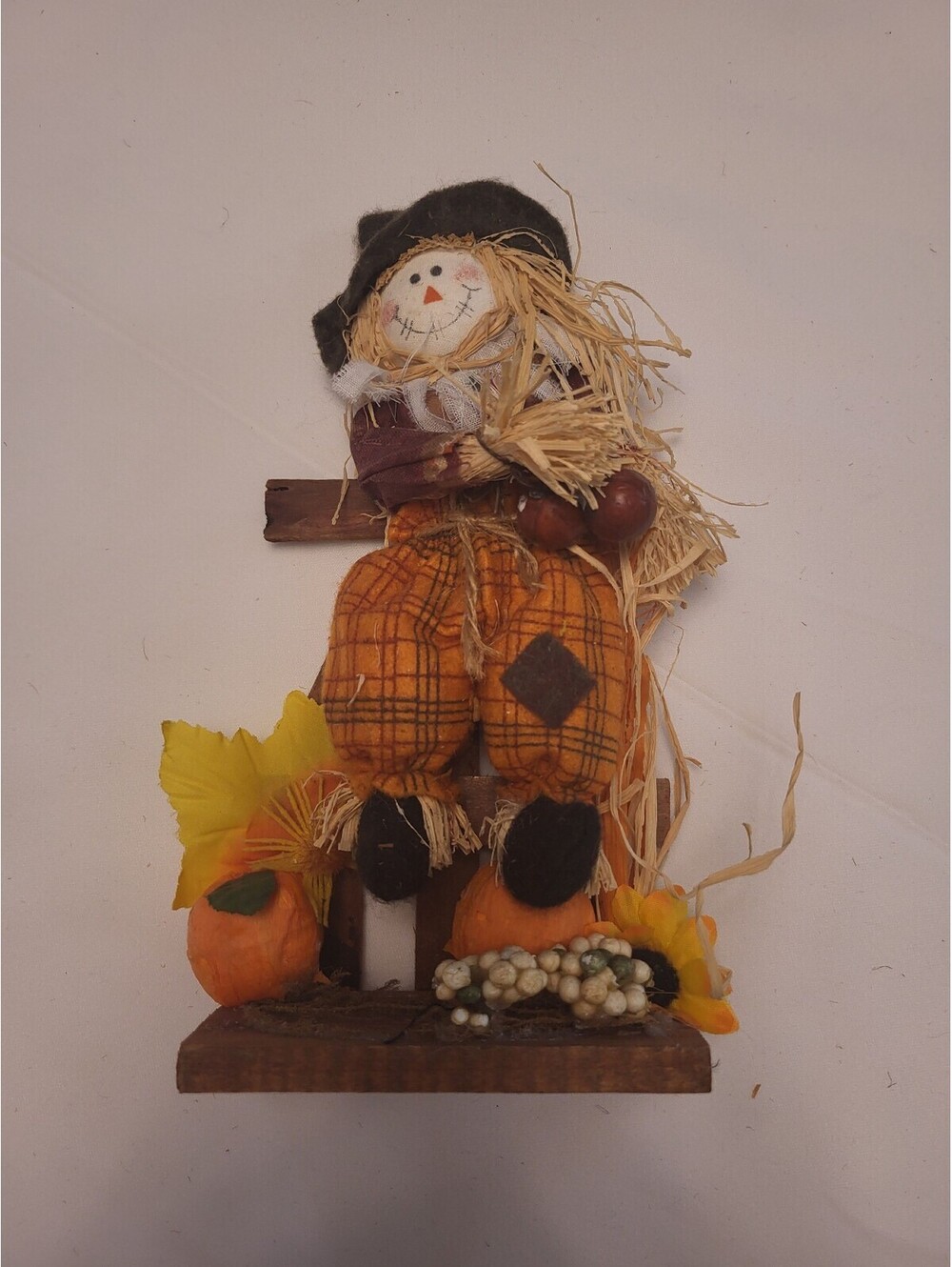 Autumn Scarecrow Decoration with Pumpkins and Wooden Fence Base 10x5